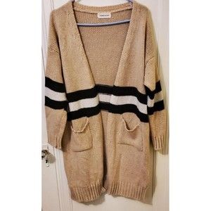 Goodnight Macaroon Womens MEDIUM Long Cardigan with Pockets Tan with Black/White
